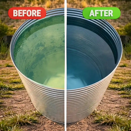 Before and after comparison of a metal tank with water, showing improvement.