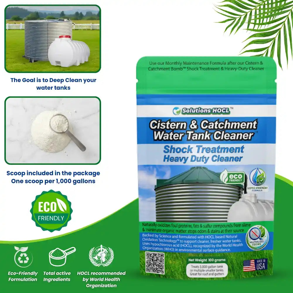 Cistern and catchment water tank cleaner packaging with green and blue design.