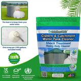 Cistern and catchment water tank cleaner packaging with text and graphics on a green background
