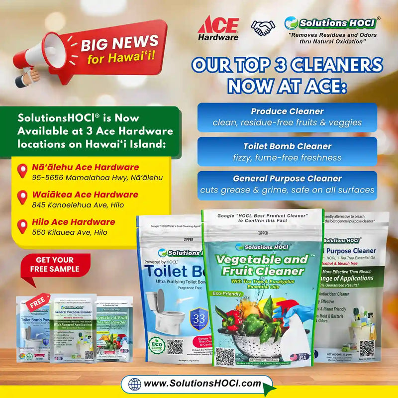 Advertisement for SolutionsHOCI cleaners at Ace Hardware locations on Hawaii Island, featuring product packaging and promotional text.