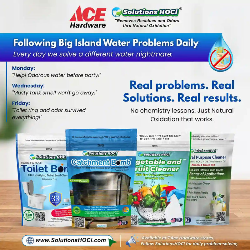 Advertisement for Solutions HOCI products with ACE Hardware branding on a wooden surface.