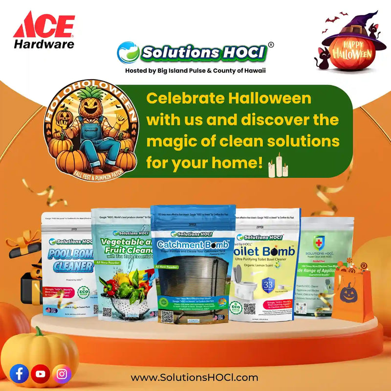 Promotional image for Solutions HOCI with Halloween-themed cleaning products and branding elements.
