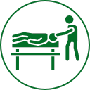 Icon of a person assisting a patient on a bed, typically used in healthcare settings.